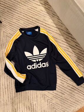 Adidas/ Rita Ora Women’s Navy Sweatshirt with Yellow Sleeve Stripes